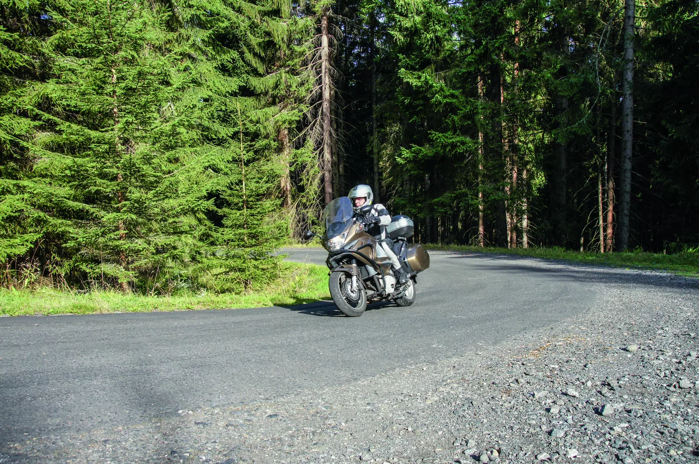 Motorrad auf der Silberstraße zwischen dichtem Fichtenwald