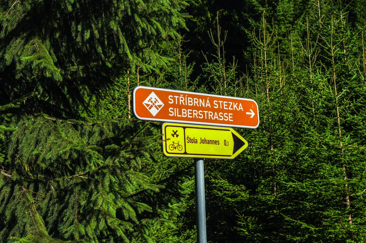 Wegweiser Stříbrná stezka und Silberstraße am Waldrand Wegweiser Stříbrná stezka und Silberstraße am Waldrand